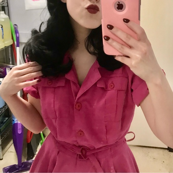 Authentic 80s Byer Too Raspberry Pink Belted Shirtdress with Full Circle Skirt - Picture 10 of 11